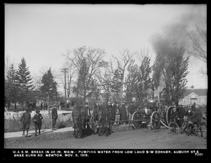 Distribution Department, Weston Aqueduct Supply Mains, break in 48-inch main, pumping water from low land at southwest corner of Auburn Street and Brae Burn Road, Newton, Mass., Nov. 6, 1915