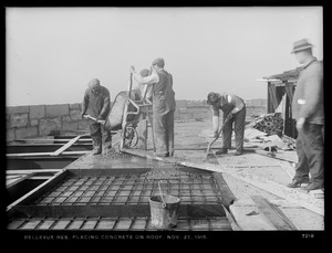 Distribution Department, Southern Extra High Service Bellevue Reservoir, placing concrete on roof of masonry tower, Bellevue Hill, West Roxbury, Mass., Nov. 27, 1915
