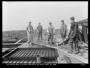 Distribution Department, Southern Extra High Service Bellevue Reservoir, placing concrete on roof of masonry tower, Bellevue Hill, West Roxbury, Mass., Nov. 27, 1915