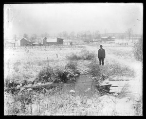 Wachusett Department, Wachusett Watershed, Gates Brook Improvement, preliminary ditch at Bowles Avenue crossing, looking west, showing connection with small arm of brook, West Boylston, Mass., Dec. 1915
