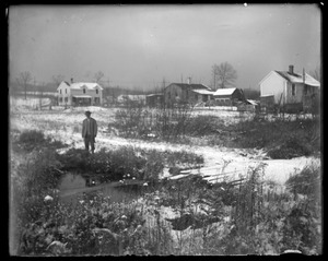 Wachusett Department, Wachusett Watershed, Gates Brook Improvement, preliminary ditch at Bowles Avenue, looking west, showing connection with small arm of brook, West Boylston, Mass., Dec. 1915