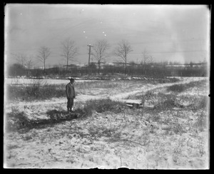 Wachusett Department, Wachusett Watershed, Gates Brook Improvement, preliminary ditch at Bowles Avenue, looking east, showing connection with small arm of brook, West Boylston, Mass., Dec. 1915