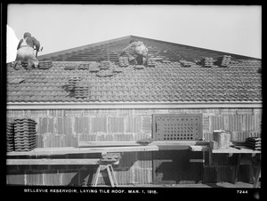 Distribution Department, Southern Extra High Service Bellevue Reservoir, laying tile roof of masonry tower, Bellevue Hill, West Roxbury, Mass., Mar. 1, 1916