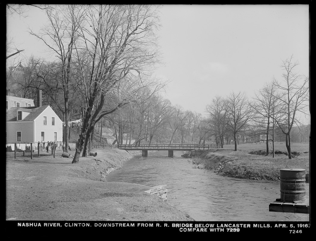 Wachusett Department, Nashua River, downstream from railroad bridge below Lancaster Mills (compare with No. 7239), Clinton, Mass., Apr. 5, 1916