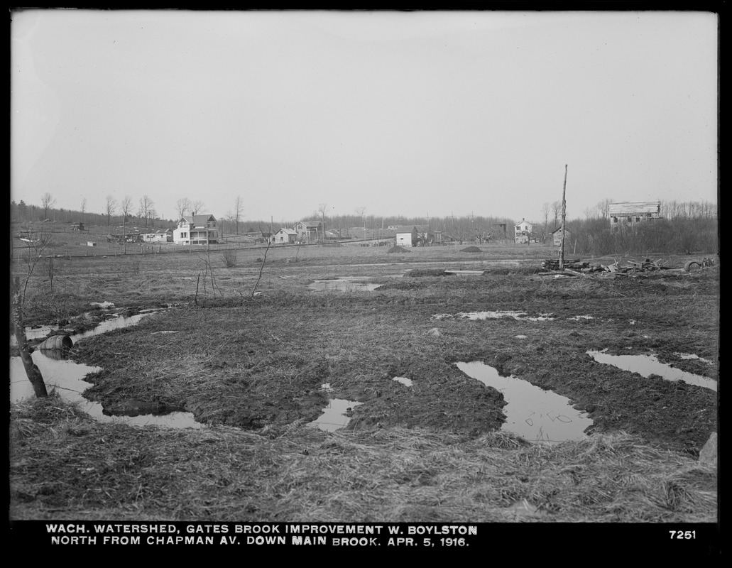 Wachusett Department, Wachusett Watershed, Gates Brook Improvement, north from Chapman Avenue down main brook, West Boylston, Mass., Apr. 5, 1916