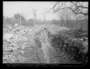 Wachusett Department, Wachusett Watershed, Gates Brook Improvement, preliminary ditch at state highway culvert, lower end of settlement, West Boylston, Mass., Apr. 5, 1916