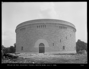 Distribution Department, Southern Extra High Service Bellevue Reservoir, north side of masonry tower, Bellevue Hill (compare with No. 7260), West Roxbury, Mass., Jul. 7, 1916
