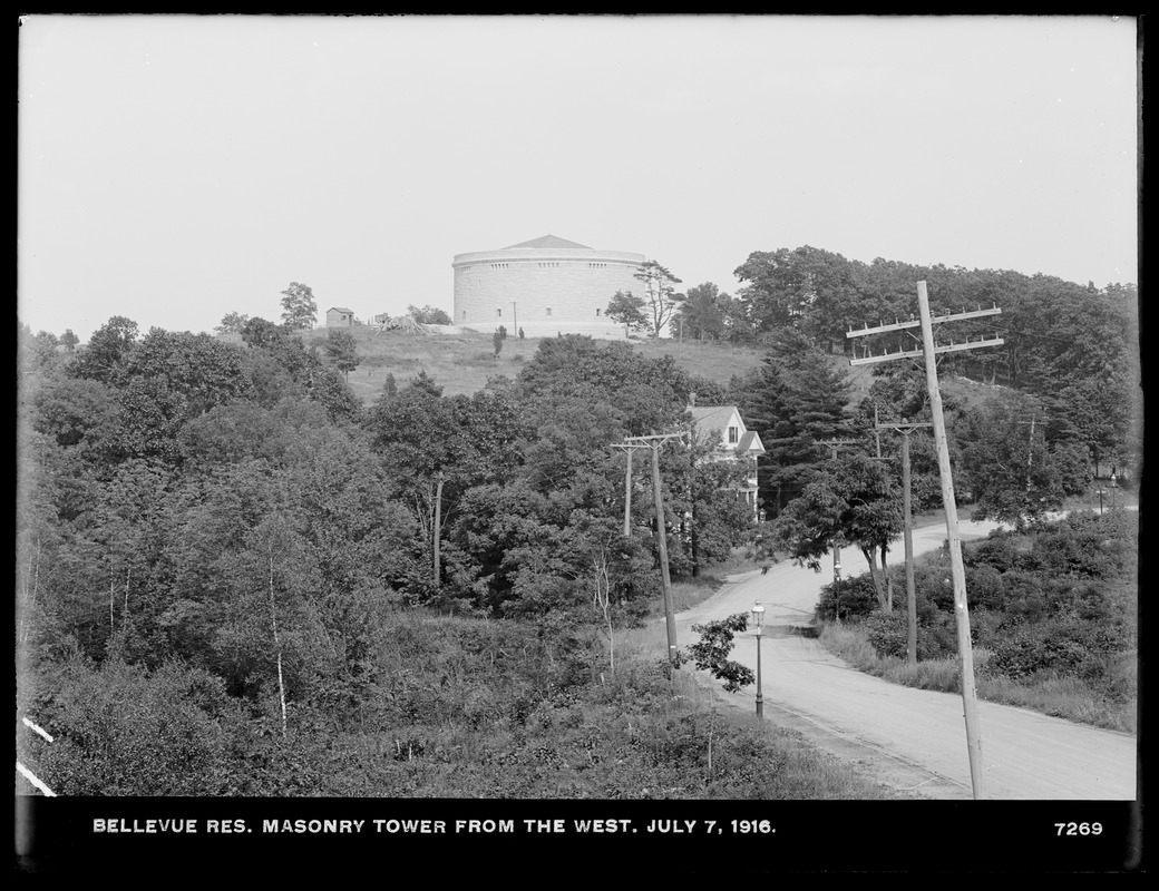 Distribution Department, Southern Extra High Service Bellevue Reservoir, masonry tower from the west, Bellevue Hill (compare with No. 7263), West Roxbury, Mass., Jul. 7, 1916