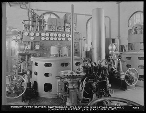 Sudbury Department, Sudbury Dam Hydroelectric Power Plant, switchboard, 275 and 900 KVA generators, hydraulic governors and electric gate stand, Southborough, Mass., Feb. 7, 1917