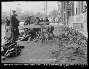 Distribution Department, Low Service Pipe Lines, condition of streets after break in 30-inch main, Boylston Street at Boylston Place, Brookline, Mass., Feb. 14, 1917