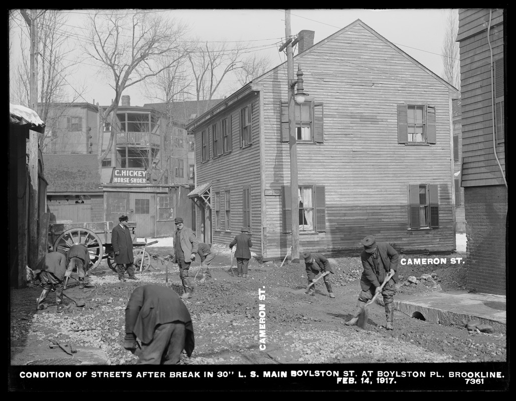 Distribution Department, Low Service Pipe Lines, condition of streets after break in 30-inch main, Boylston Street at Boylston Place; Cameron Street, Brookline, Mass., Feb. 14, 1917