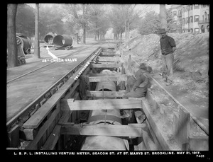Distribution Department, Low Service Pipe Lines, installing Venturi meter, Beacon Street at St. Mary's Street, Brookline, Mass., May 31, 1917