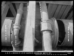 Distribution Department, Low Service Pipe Lines, existing pipes over Metropolitan Water Works 48-inch main, Beacon Street at St. Mary's Street; Effluent Gatehouse No. 1 in background, center, Brookline, Mass., May 31, 1917