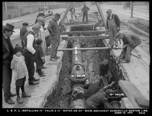 Distribution Department, Low Service Pipe Lines, installing 16-inch valve and 10-inch meter on 24-inch main, Broadway, Somerville-Boston line, Boston; Somerville, Mass., Jun. 12, 1917