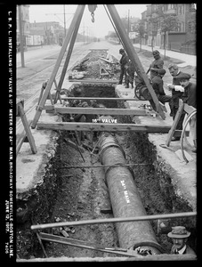 Distribution Department, Low Service Pipe Lines, installing 16-inch valve and 10-inch meter on 24-inch main, Broadway, Somerville-Boston line, Boston; Somerville, Mass., Jun. 12, 1917