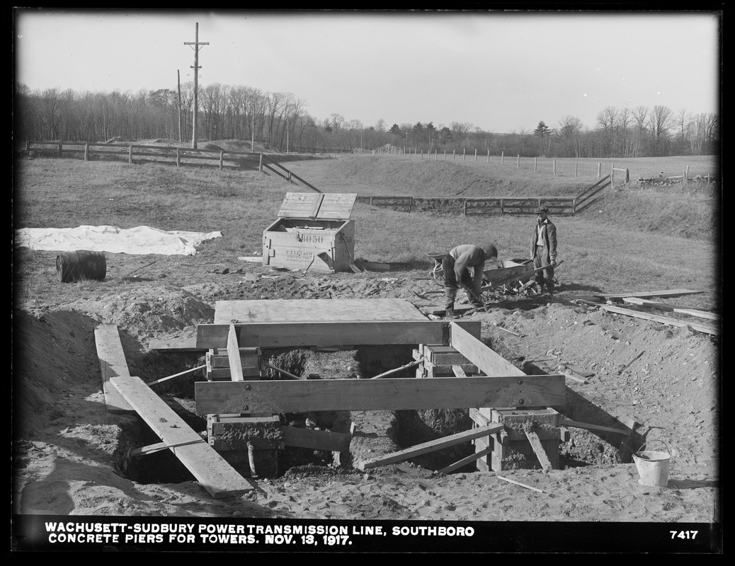 Wachusett Department, Wachusett-Sudbury power transmission line, concrete piers for towers; "copy"; Westborough, through Northborough, to Marlborough, Southborough, Mass., Nov. 13, 1917