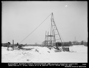 Wachusett Department, Wachusett-Sudbury power transmission line, Sudbury Reservoir crossing, erecting 68-foot steel tower at southwesterly end of 700-foot span, raising middle section, Southborough, Mass., Dec. 20, 1917