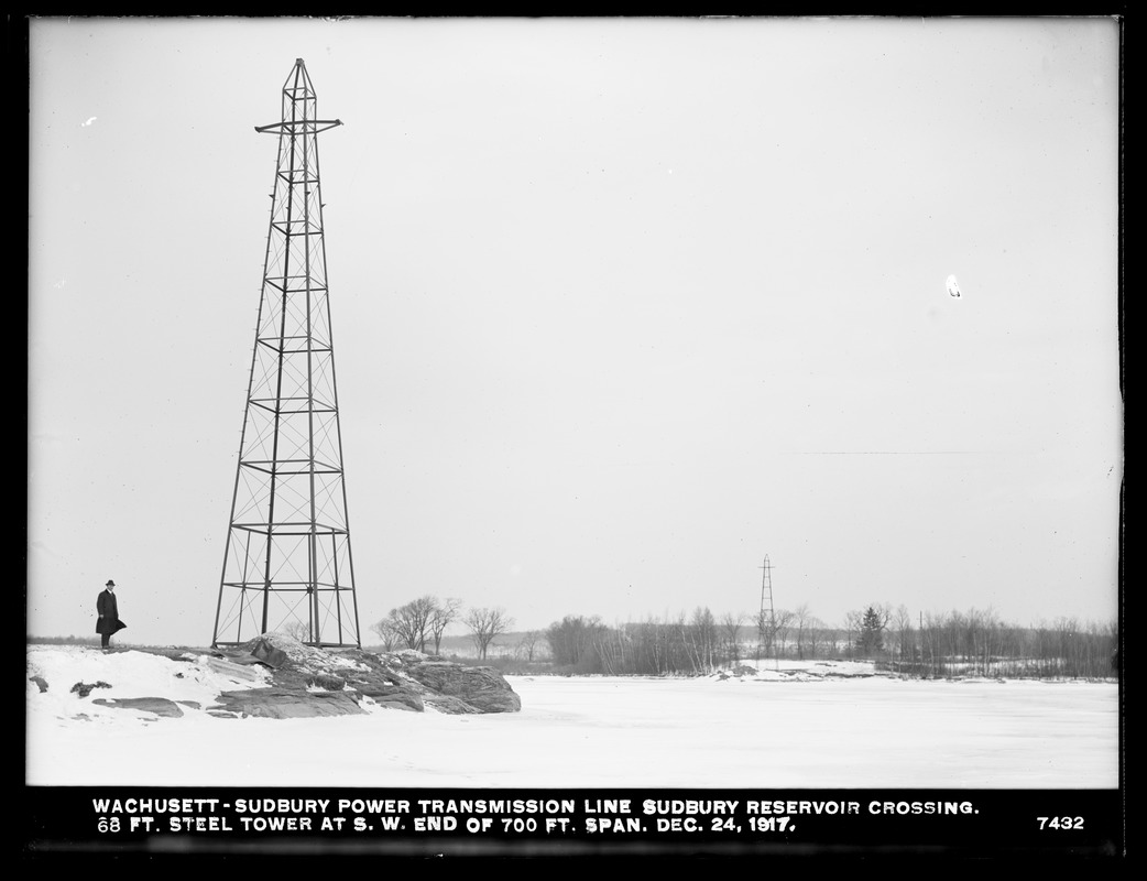 Wachusett Department, Wachusett-Sudbury power transmission line, Sudbury Reservoir crossing, 68-foot steel tower at southwesterly end of 700-foot span, Southborough, Mass., Dec. 24, 1917