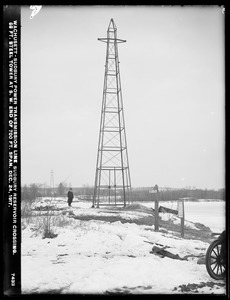 Wachusett Department, Wachusett-Sudbury power transmission line, Sudbury Reservoir crossing, 68-foot steel tower at southwesterly end of 700-foot span, Southborough, Mass., Dec. 24, 1917