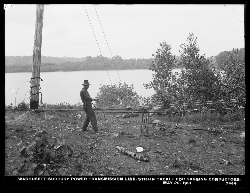 Wachusett Department, Wachusett-Sudbury power transmission line, strain tackle for sagging conductors, Southborough, Mass., May 29, 1918