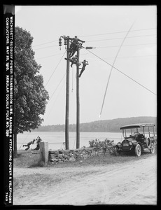 Wachusett Department, Wachusett-Sudbury power transmission line, sagging and attaching power and telephone conductors, regular double pole No. 329, Southborough, Mass., May 28, 1918