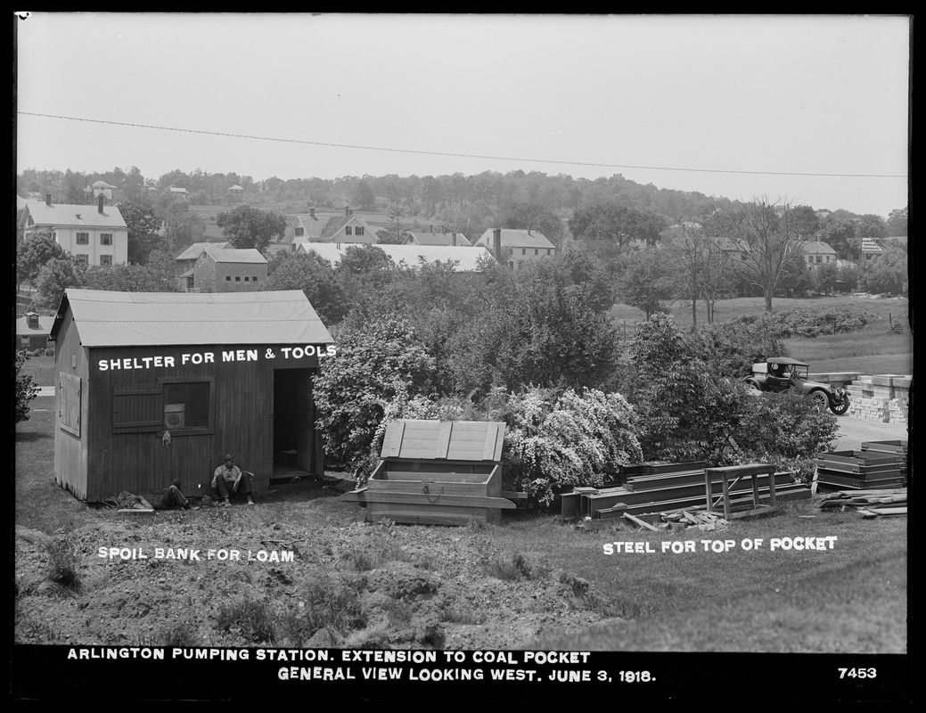Distribution Department, Arlington Pumping Station, extension to coal pocket, general view looking west, Arlington, Mass., Jun. 3, 1918