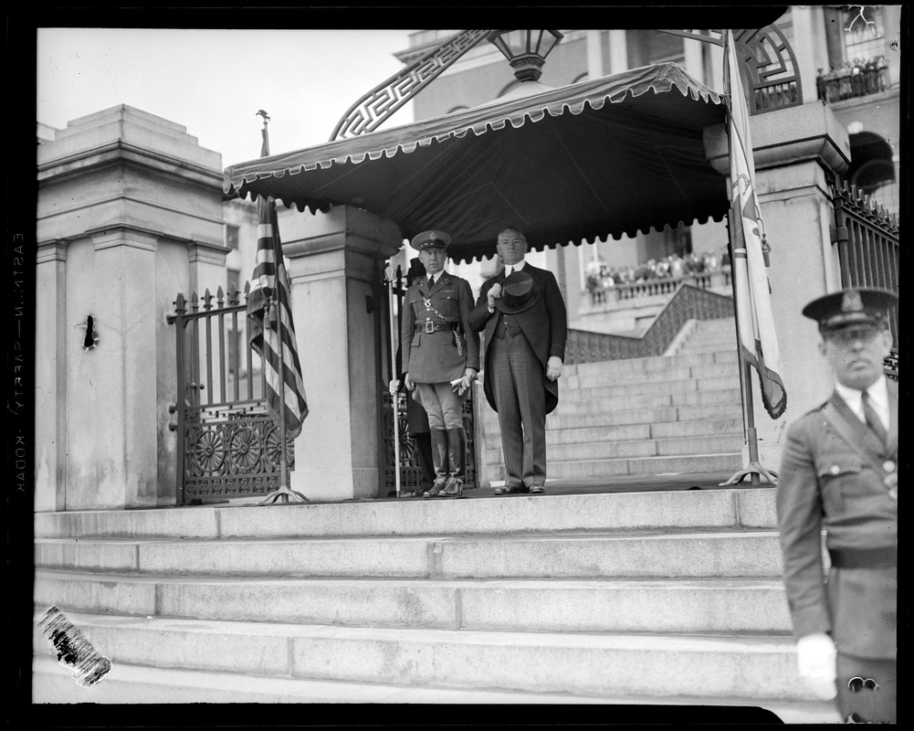 Gov. Curley shown with Adj. Gen. William Rose at Schoolboy Parade