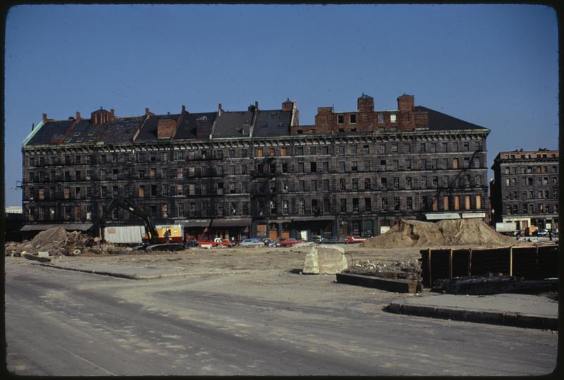 Pan from right to left on Atlantic Avenue, toward Commercial Wharf Street around past Custom House toward apartments