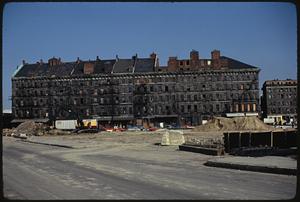 Pan from right to left on Atlantic Avenue, toward Commercial Wharf Street around past Custom House toward apartments