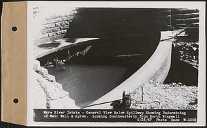 Ware River Intake Works, Shaft #8, general view below spillway showing undermining of weir wall and apron, looking southeasterly from north wingwall, Barre, Mass., Sep. 23, 1947