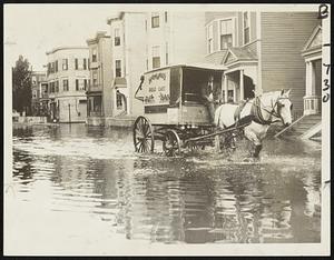 It was about 6:30 this morning when George Dixon, Traveler cameraman, found this geyser spouting from a broken hydrant, almost as high as the houses at the corner of Raven street and Crescent avenue, Dorchester. Cellars were flooded on Crescent avenue and the lower photo recalled New England flood scenes as a horse plodded through the rushing water. Police said hydrant was a victim of a hit-and-run driver.
