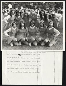 All in a Row, on the football field, the Lynnfield High Cheerleaders are front (l to r) are Jean Dombrowski, Karen Better, Marion Flenzi (capt.) Carol Rovie and Marilyn Morrissey. Back row, Janet Silva, Kitsie Eckert, Cathy Toomey, Debbi Peterson, Linda Tibaudo, and Kim Harris.