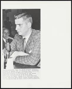 Klan Hearing Witness--Richard J. Hanna, 22, of Newport, Ky., testifies today at a House Un-American Activities Committee hearing in Washington as the group ended its investigation of Ku Klux Klan activities in Ohio. Hanna is a self-admitted former American Nazi Party storm trooper leader.