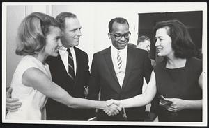 Getting to Know each other at the Ritz Carlton inaugural luncheon were Mayor and Mrs. Kevin H. White, left, and School Committeeman and Mrs. Thomas Atkins.