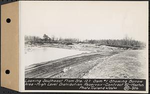 Contract No. 80, High Level Distribution Reservoir, Weston, looking southeast from Sta. 12+/- dam 1 showing borrow area, high level distribution reservoir, Weston, Mass., Apr. 23, 1940