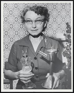 Mrs. Robert Barclay 26 Vine St Reading with Camphene Glass Lamp in roque 1832/1860 and Flemish lamp which used Fish oil around 1700.