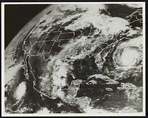 Washington-U.S. Cloud coverage showing tropical storms Ginger and Olivia. Photo was taken by NASA's Applications Technology Satellite III Sept. 27, 1971. The ATS-III was launched from Kennedy Space Center, Fla., Nov. 5, 1967.