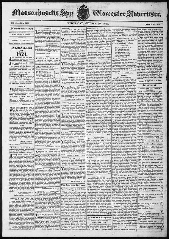 Massachusetts Spy And Worcester Advertiser. October 29, 1823 - Digital ...