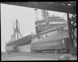 M/S Christen Smith of Norway at Mystic Wharf, Charlestown, loading surplus railroad coaches for export to Korea