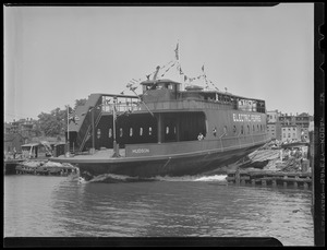 Diesel-electric ferry being launched from General Ship Co., 336 Border St., E. Boston