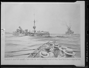 German print of ship "Emden" sinking