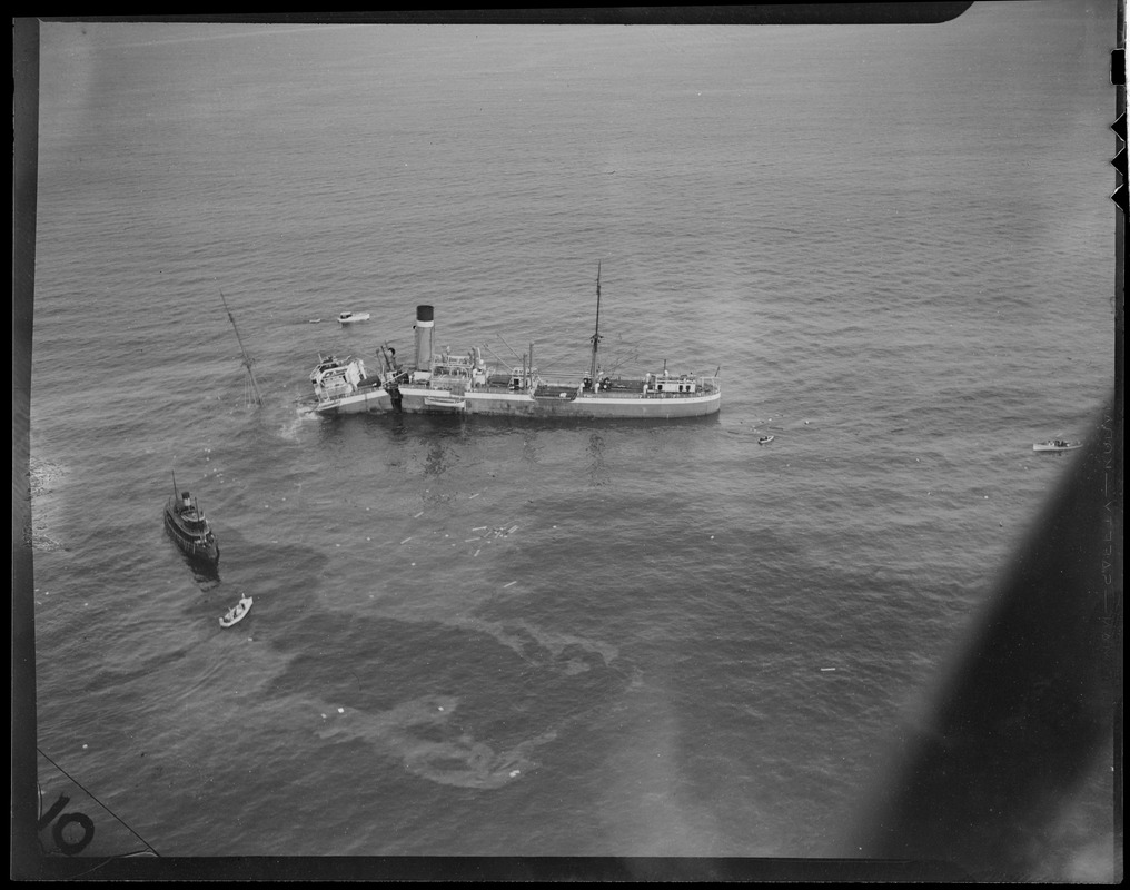 City of Salisbury" on rocks near Graves light, British freighter. "Zoo ship" cargo of animals all rescued.