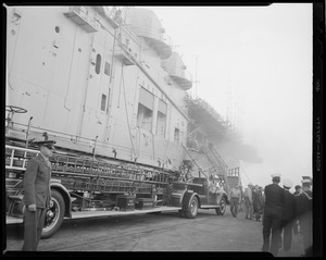Fire on aircraft carrier, USS Leyte at South Naval annex, S. Boston