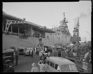 Fire on aircraft carrier USS Leyte at West Jetty, South Naval annex, S. Boston
