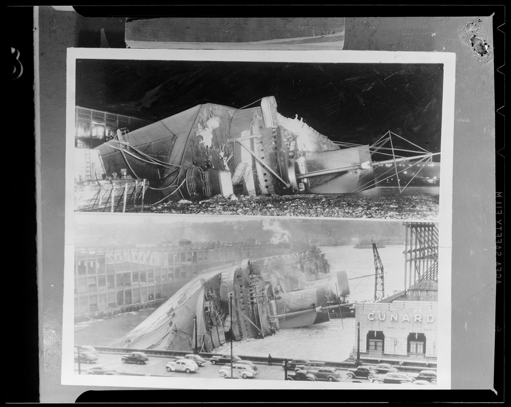 Liner Normandie burns and capsizes in New York