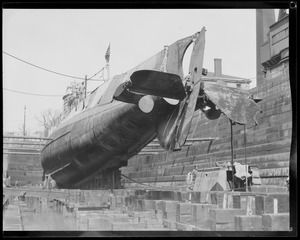 US sub S-19 in navy yard drydock. She ran aground on Nauset Beach in Orleans, MA on January 12, 1925, was marooned until March 20, 1925.