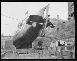 US sub S-19 in navy yard drydock. She ran aground on Nauset Beach in Orleans, MA on January 12, 1925, was marooned until March 20, 1925.