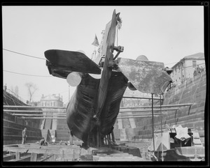 US sub S-19 in navy yard drydock. She ran aground on Nauset Beach in Orleans, MA on January 12, 1925, was marooned until March 20, 1925.