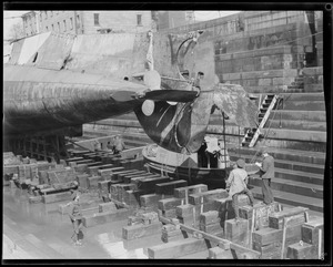 US sub S-19 in navy yard drydock. She ran aground on Nauset Beach in Orleans, MA on January 12, 1925, was marooned until March 20, 1925.