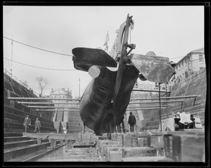 US sub S-19 in navy yard drydock. She ran aground on Nauset Beach in Orleans, MA on January 12, 1925, was marooned until March 20, 1925.